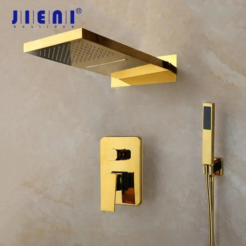 Modern gold rectangular shower mixer set with gold-finished shower head and matching wall-mounted control valve