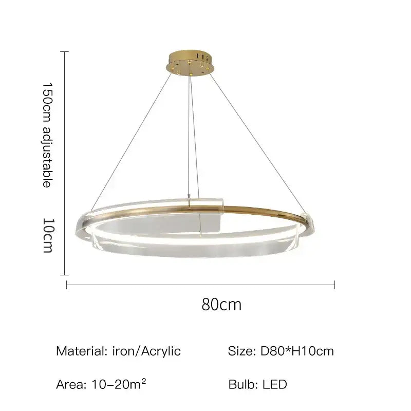 Modern gold ring chandelier pendant light with circular led design, gold-toned iron frame, and clear acrylic rings