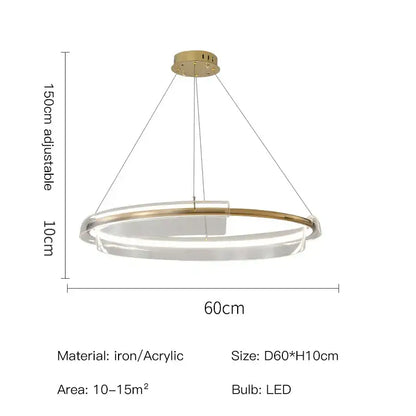 Modern gold ring chandelier pendant light with a gold-toned iron frame and clear acrylic rings by decorbites