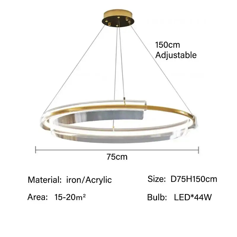 Modern gold ring chandelier pendant light with double-ring gold and clear acrylic design and adjustable 150cm height