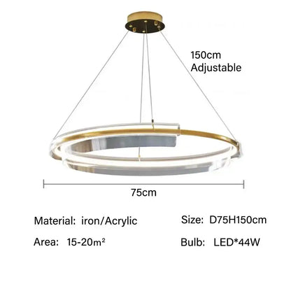 Modern gold ring chandelier pendant light with double-ring gold and clear acrylic design and adjustable 150cm height