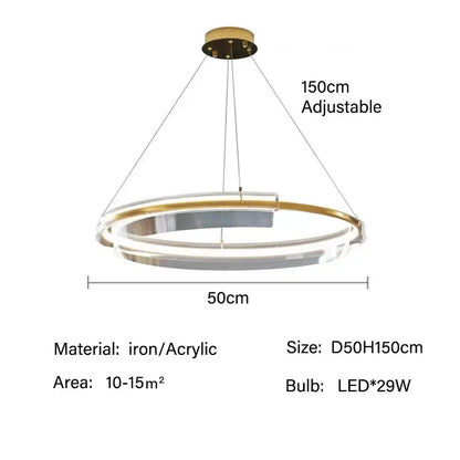 Modern gold ring chandelier pendant light with sleek metallic finish, transparent acrylic rings, and adjustable 150cm height