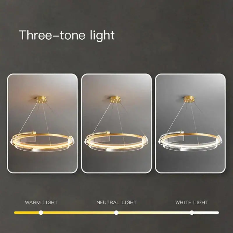 Modern gold ring chandelier pendant light with sleek circular design and three adjustable lighting modes by decorbites gold ring
