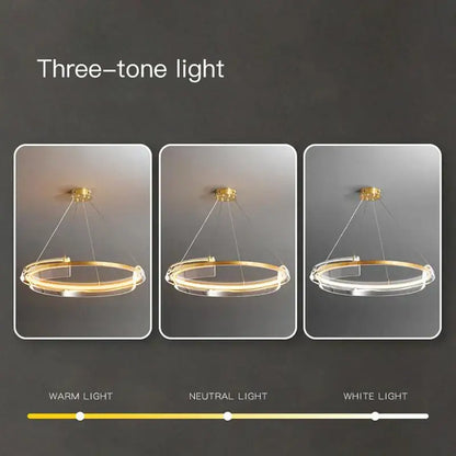 Modern gold ring chandelier pendant light with sleek circular design and three adjustable lighting modes by decorbites gold ring