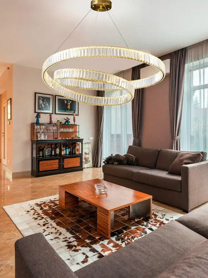 Modern gold ring crystal led pendant light with spiral chandelier design and crystal accents for living room decorbites pendant light