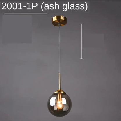Modern gold ring glass globe pendant light with smoked ash glass globe and polished brass hardware for dining room
