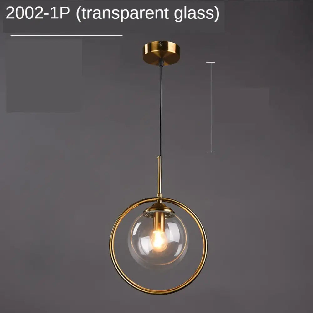 Modern gold ring glass globe pendant light with a transparent glass globe and black cord for dining room use
