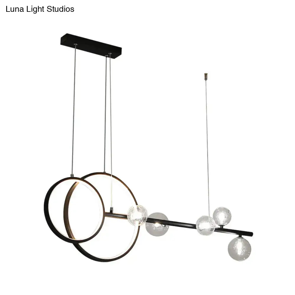 Modern black metal ring led pendant with illuminated circular rings and clear glass spheres for dining room hanging island light