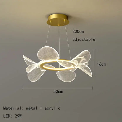 Modern gold ring led pendant light with gold-toned circular frame and acrylic butterfly wings, adjustable 200cm length