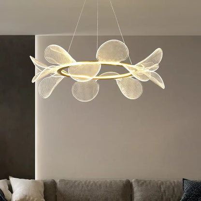 A modern pendant light with translucent mesh petals and a decorbites gold ring led for dining room decor
