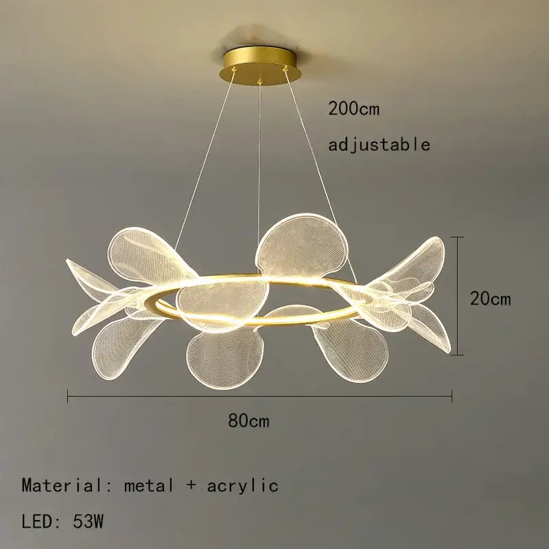 Modern gold ring led pendant light featuring gold-toned metal and acrylic leaf design with adjustable hanging length by decorbites gold ring