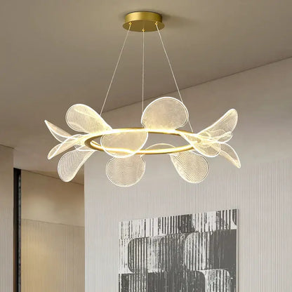 Modern gold ring led pendant light with circular frame and translucent mesh petals emits warm glow for dining room decorbites gold ring