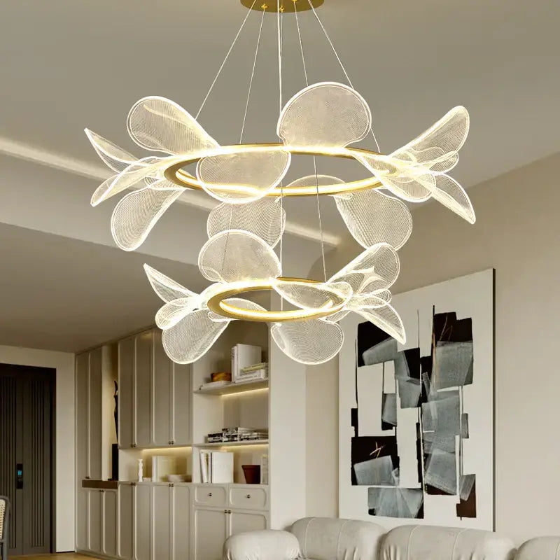 Modern gold ring led pendant light with translucent mesh petals and gold-toned rings for dining room decorbites gold ring design