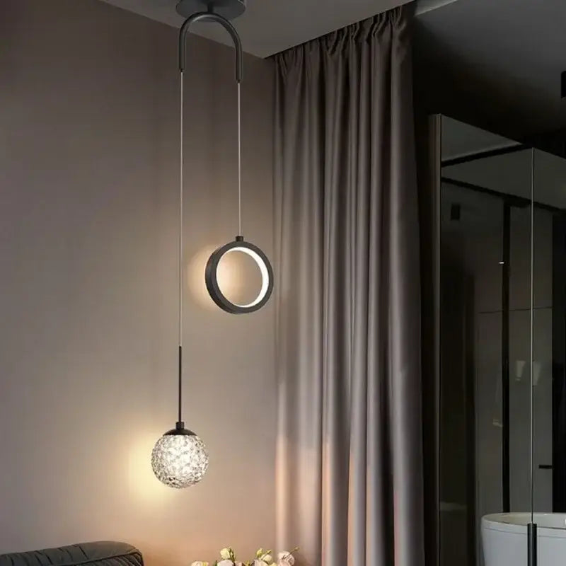 Modern gold ring led pendant light with sleek black circular ring and textured crystal globe for dining room decorbites gold ring