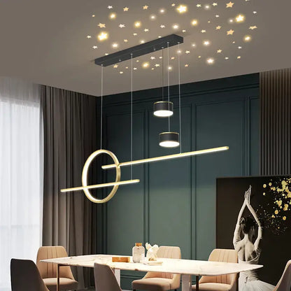 Modern gold ring pendant light with geometric intersecting elements suspended from black nordic style mount for dining room decorbites pendant lights