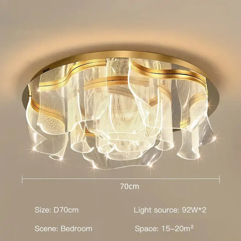 Modern gold ripple led ceiling chandelier with flowing translucent crystal fabric panels for luxury dining room ceiling lights