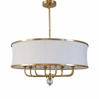 Modern gold rod led chandelier with gold-finished drum shade and crystal pendant for elegant living room decorbites gold rod