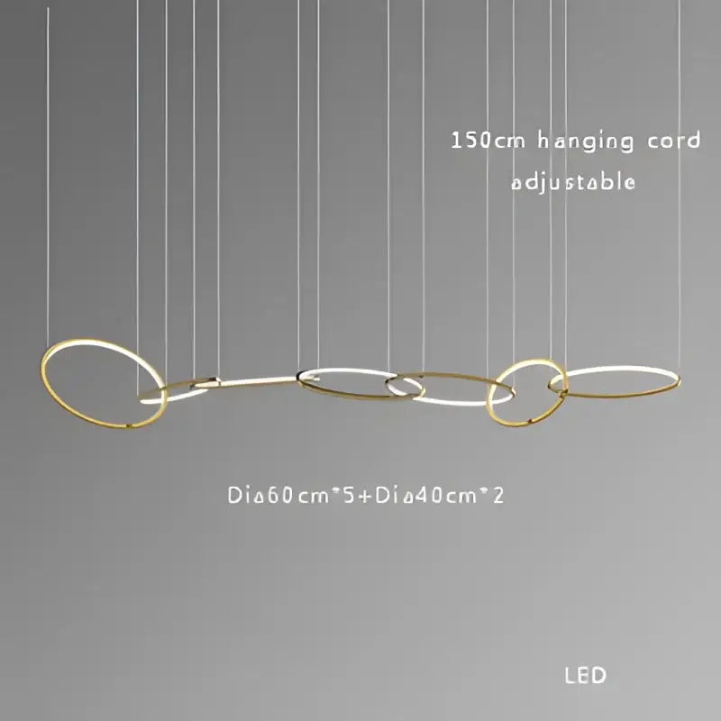 Modern gold round ceiling chandelier featuring interconnected gold-toned circular rings with led illumination