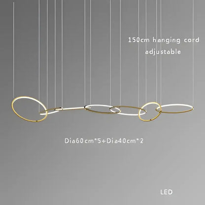 Modern gold round ceiling chandelier featuring interconnected gold-toned circular rings with led illumination