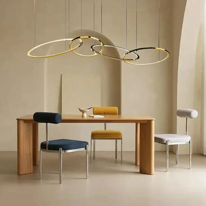 Modern gold round ceiling chandelier pendant light with interlocking gold and black rings for dining room decorbites gold round