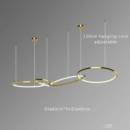 Modern gold round ceiling chandelier featuring three interlocking gold-rimmed rings with white led illuminated bands