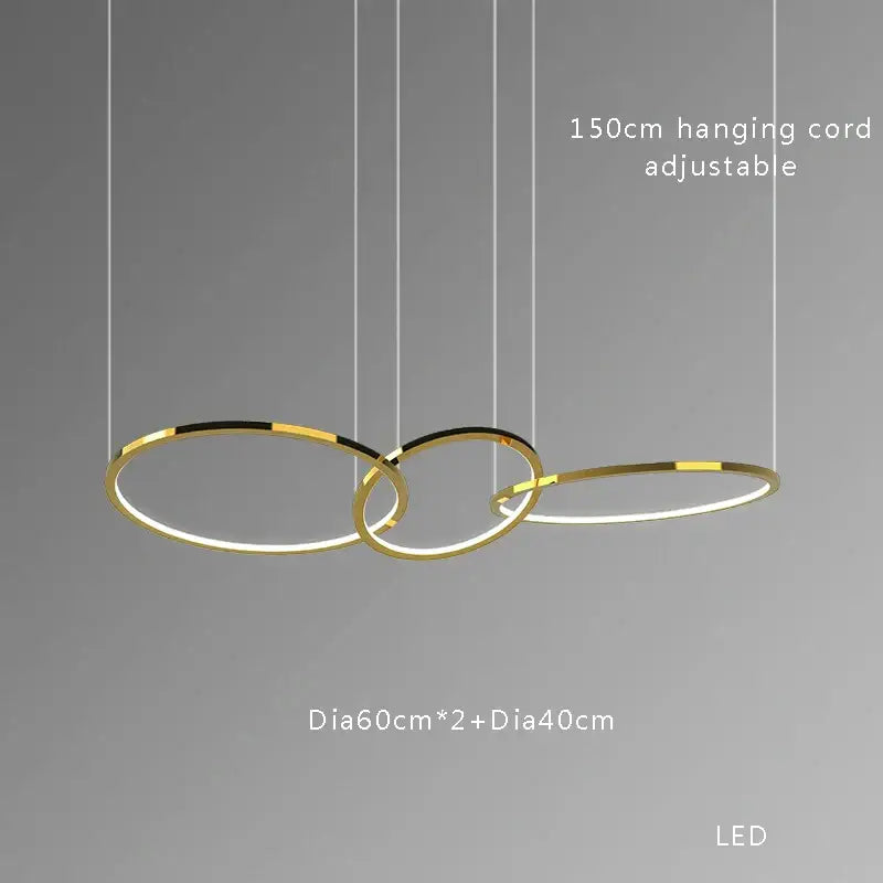 Modern gold round ceiling chandelier with three interlocking rings and adjustable hanging cord for dining room decorbites gold round