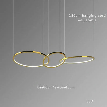 Modern gold round ceiling chandelier with three interlocking rings and adjustable hanging cord for dining room decorbites gold round