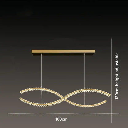Modern gold s-shaped decorbites crystal led pendant featuring a gold-toned double-loop design with clear crystal accents