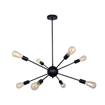 Black metal pendant light with eight exposed filament bulbs in a radial starburst design for modern decorbites gold satellite decor