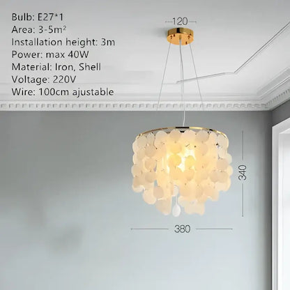 Modern gold shell chandelier with tiered translucent shell shades on a gold-toned iron frame for living room decorbites gold shell