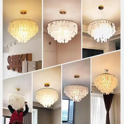 Elegant white shell chandelier with gold-toned ceiling mount and chain for modern decorbites gold shell lighting