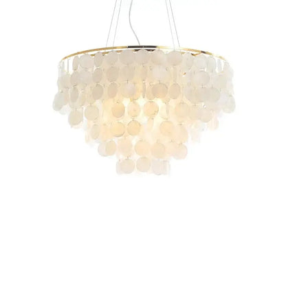 Modern gold shell chandelier featuring cascading off-white shell discs on gold frame for living room decorbites gold shell