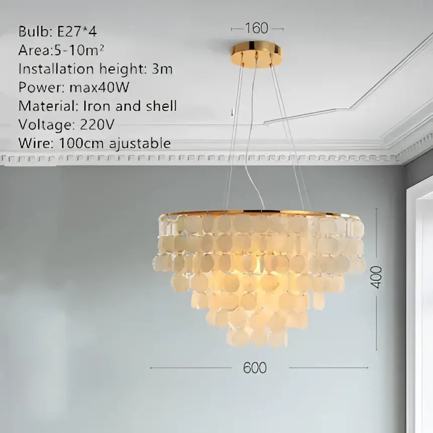 Modern gold shell chandelier with tiered translucent shell discs suspended from an iron frame for living room decorbites gold shell