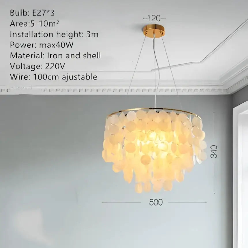 Modern gold shell chandelier featuring a warm tiered design of iridescent discs in iron frame for living room decorbites gold shell