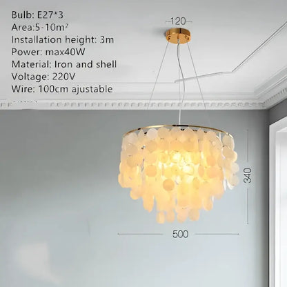 Modern gold shell chandelier featuring a warm tiered design of iridescent discs in iron frame for living room decorbites gold shell