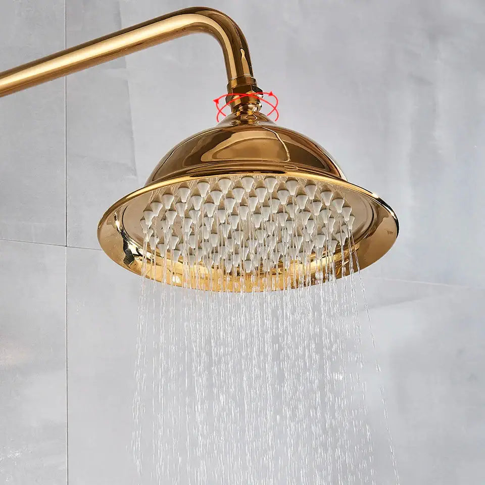 Modern gold shower faucet set with ceramic handles featuring a round gold-colored polished brass shower faucet with multiple jets