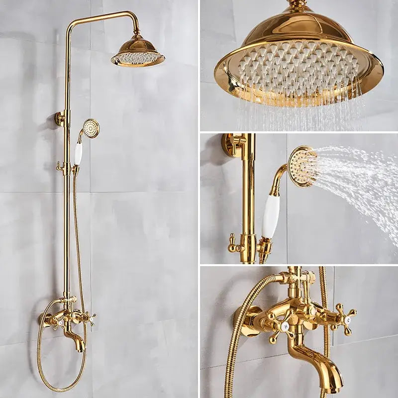 Modern gold shower faucet set with ceramic handles featuring a large rainhead and handheld sprayer in brass finish