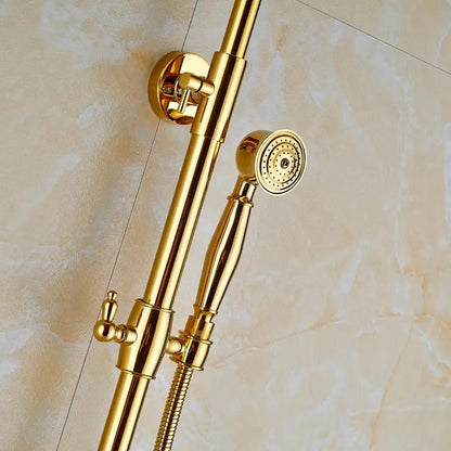 Modern gold shower mixer taps with polished brass finish including rainfall head and elegant handheld nozzle for bathroom use