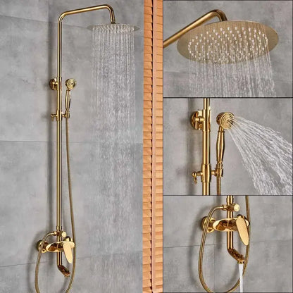 Modern gold shower mixer taps in brass with rainfall head and handheld spray nozzle for bathroom use