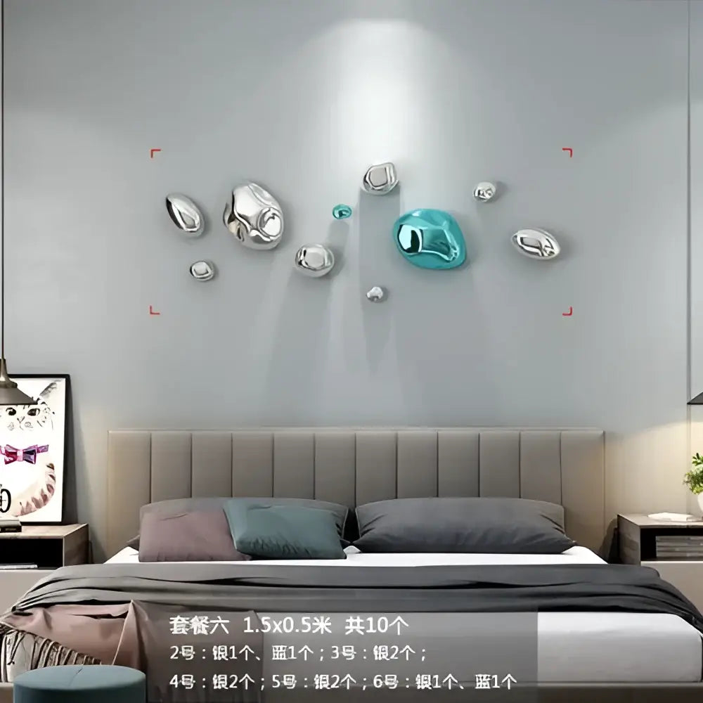 Modern gold and silver 3d stone wall ornaments featuring silver and teal metallic bubble design for living room decor