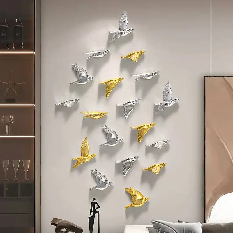 Modern gold and silver bird resin statue wall decor featuring metallic birds in flight for children’s room decoration