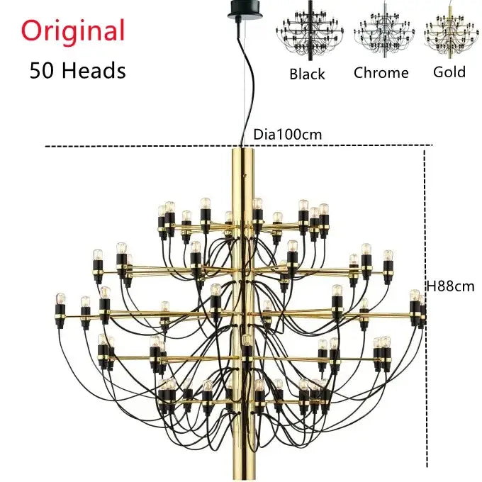 Modern gold and silver chandelier with 50 exposed bulbs and black wiring for living room pendant lighting