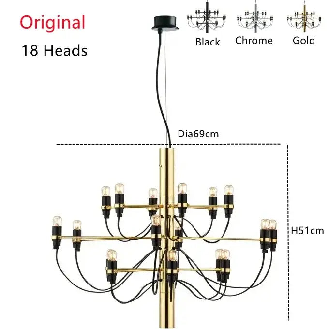 Modern gold silver chandelier with 18 exposed bulbs and black wiring for living room pendant lighting