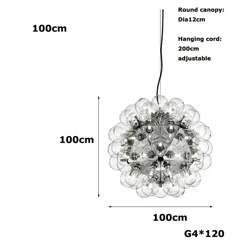 Modern gold and silver clear glass bubble chandelier with round canopy and adjustable hanging cord for dining room light