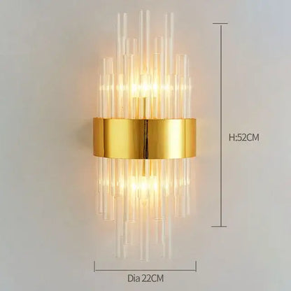 Modern gold wall lamp with clear glass tubes and crystal accents from decorbites crystal wall lamp collection
