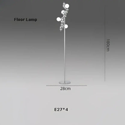 Silver metallic floor lamp with four white spherical bulbs in a branching design for dimmable led hanging pendant light decorbites