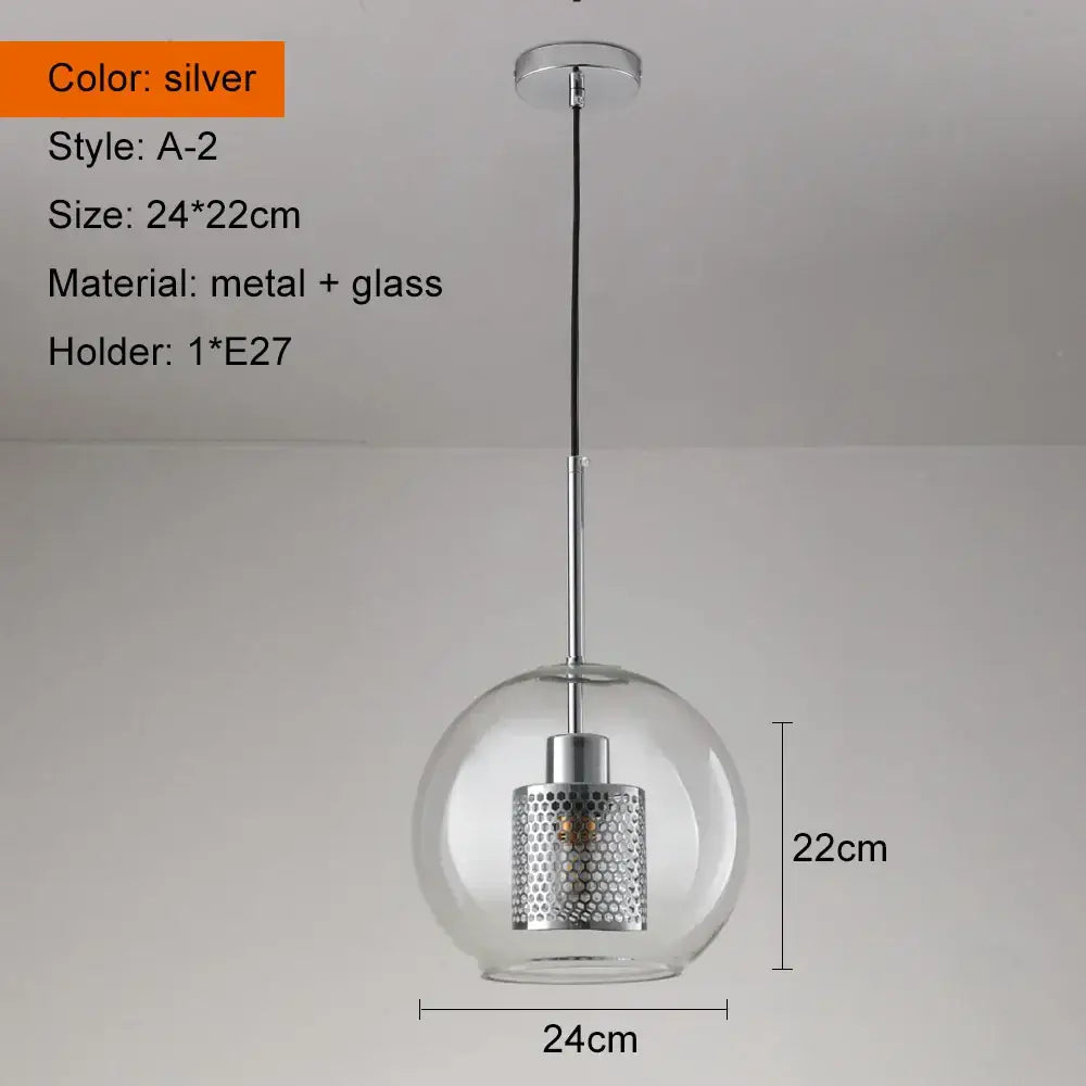 Modern gold and silver honeycomb glass pendant light featuring a silver ball glass pendant with a perforated metal shade