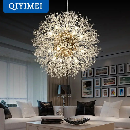 A modern gold silver led crystal chandelier with a golden frame and clear faceted crystals for living room decorbites