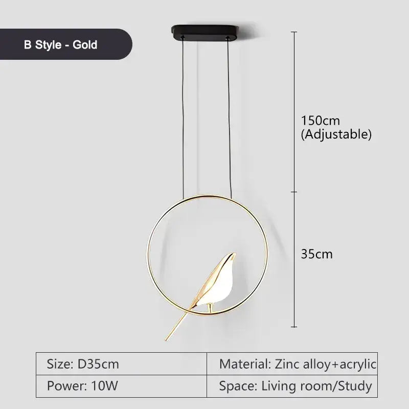 Modern gold and silver magpie pendant light with gold leaf shape, zinc alloy frame, acrylic accents, and led bulbs metallic finish