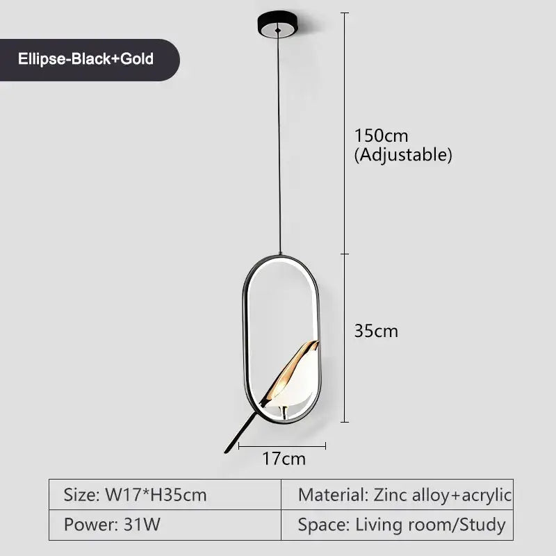 Modern gold and silver magpie led pendant light with black and gold ellipse design, metallic finish, zinc alloy frame, and acrylic glass panel